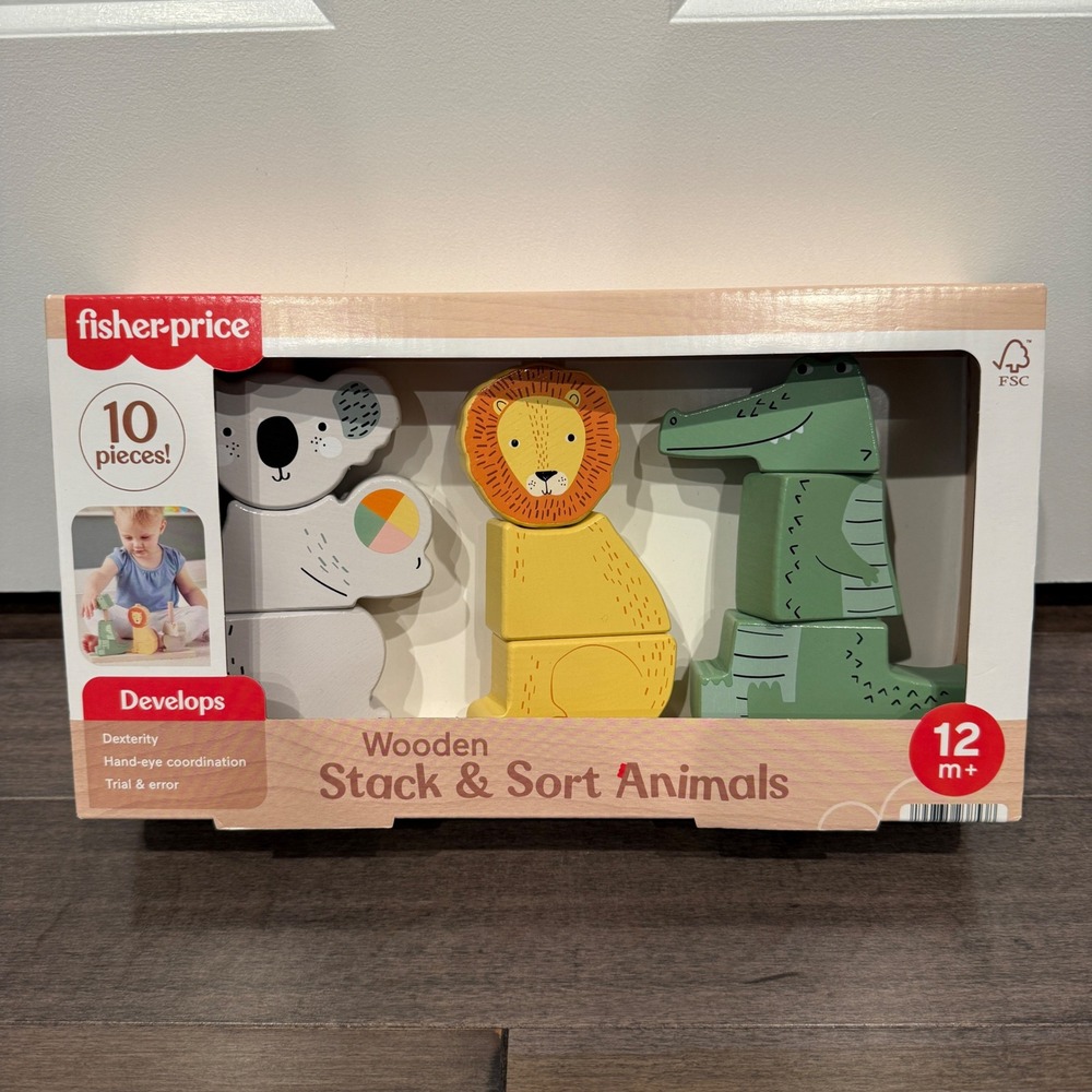 Fisher-Price Wooden Stack & Sort Animals 10 Piece Toddler Toy Set  NEW